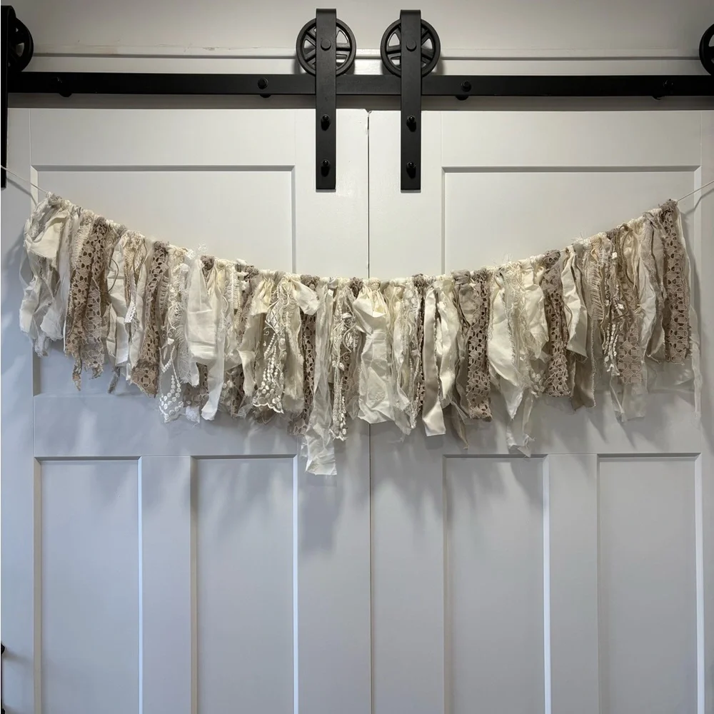 Neutral & Ivory White Fabric & Lace Garland Banner - Home Holiday Event Decor